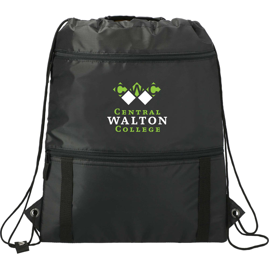Adventure Drawstring Bag with Insulated Pocket - Black - Front