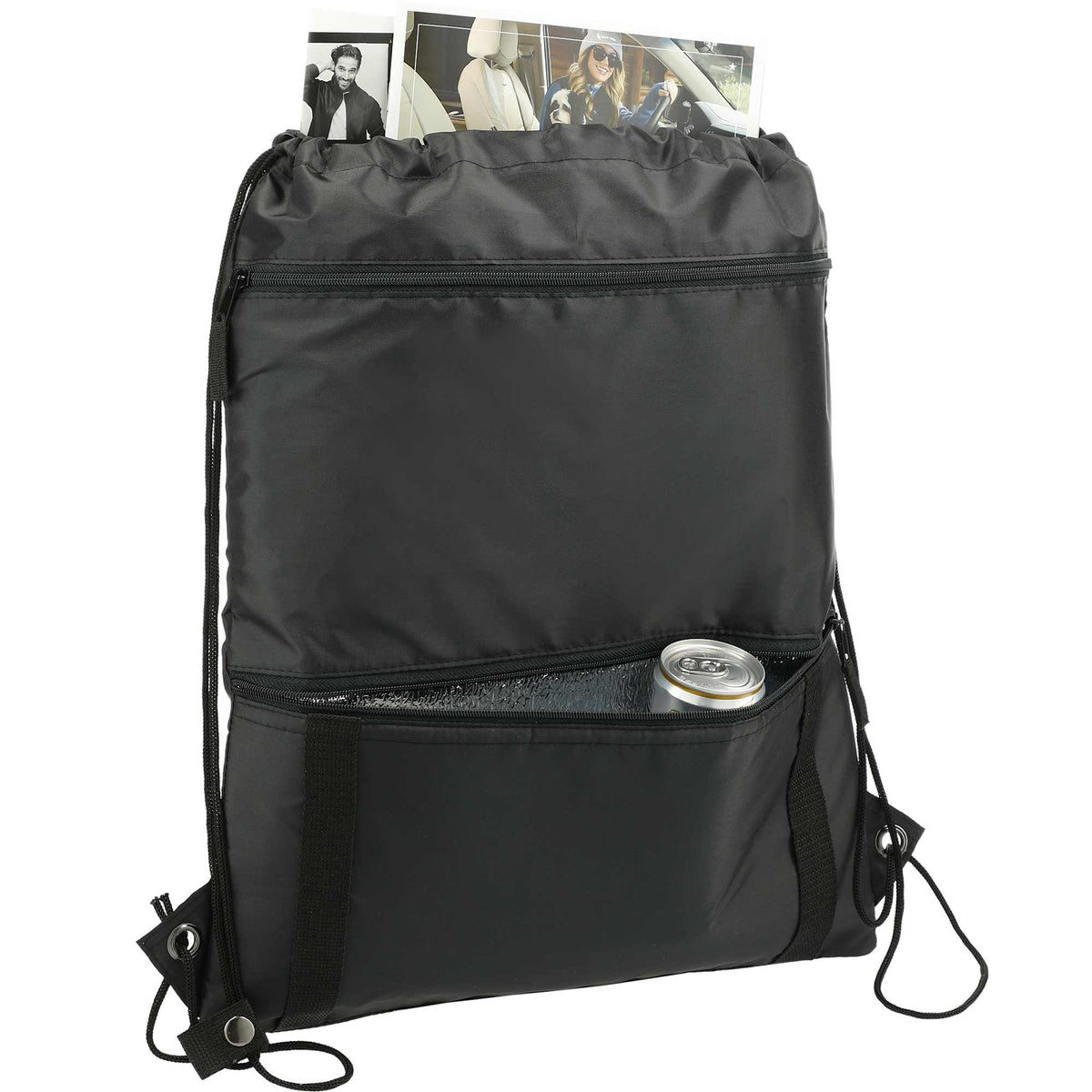 Adventure Drawstring Bag with Insulated Pocket Full Color - Black - Right Angle 2