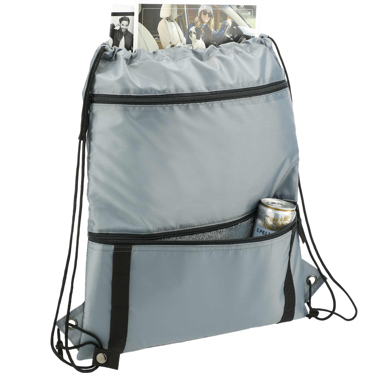 Adventure Drawstring Bag with Insulated Pocket - Gray - Right Angle 2