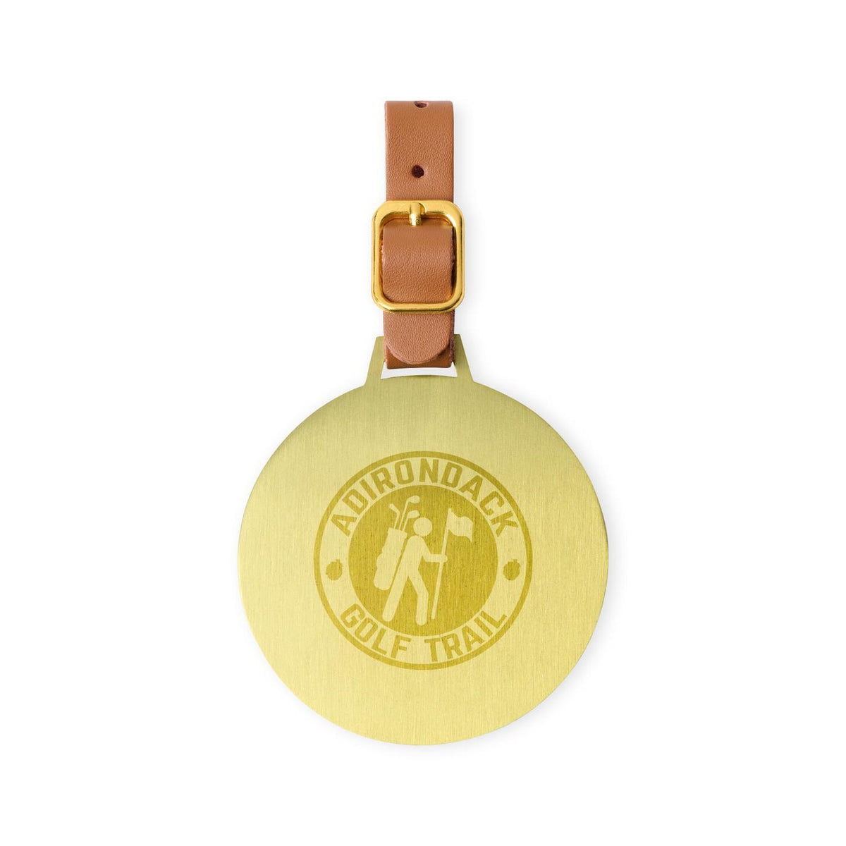 Ahead Large Round Golf Bag Tag with Leather Strap Laser Engraving - Antique Brass - View 1