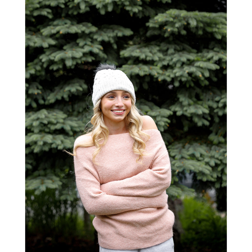 Ahead Speckle Pom Beanie with Cuff Embroidery - Oatmeal - View 3