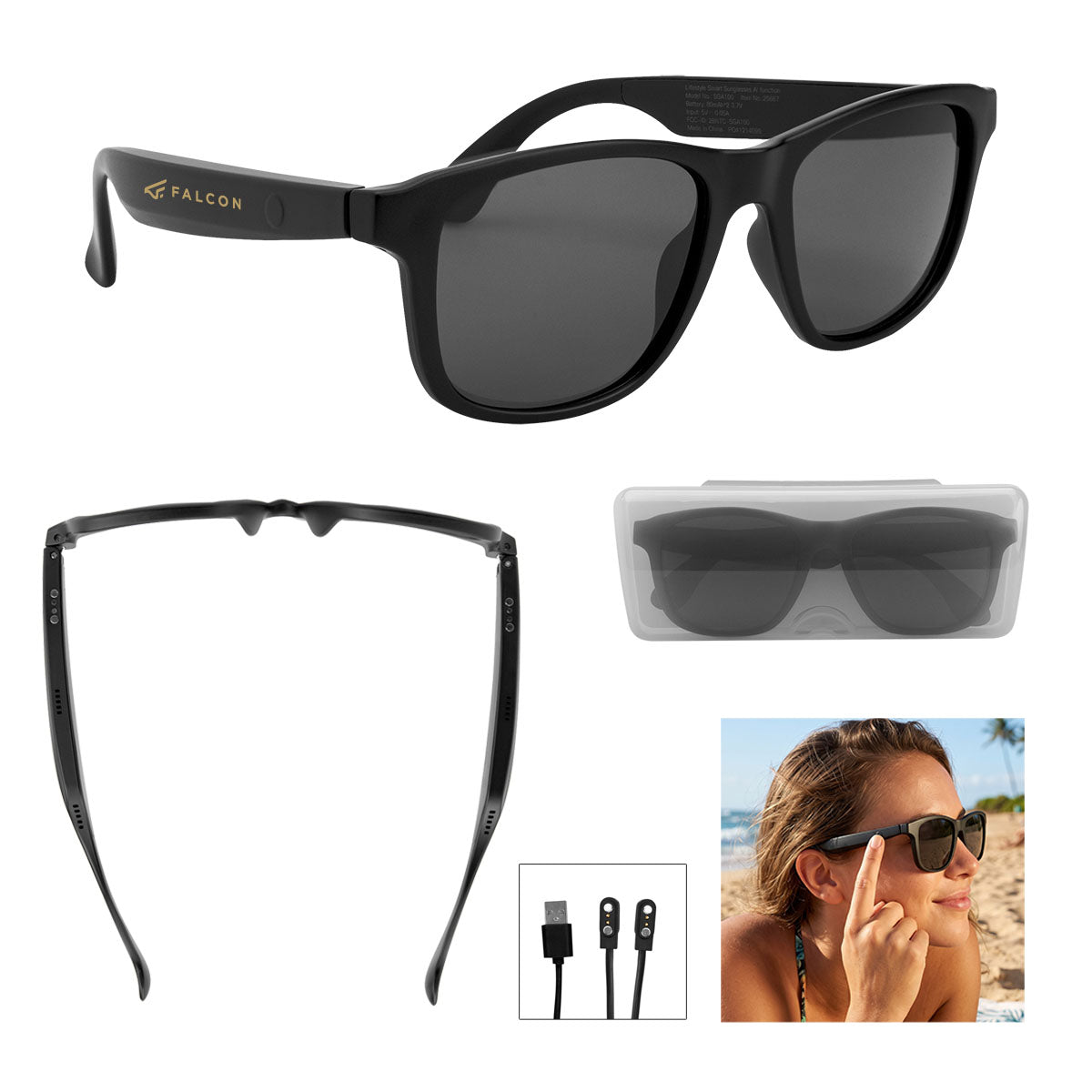 AI Translator Sunglasses with Built-In Speaker, Branded - Black - Pad Print