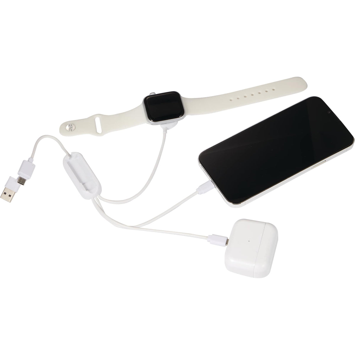 Allcord 5-in-1 Cable with Apple Watch Charger, 14 Inch - White - Front Dual Usb 2