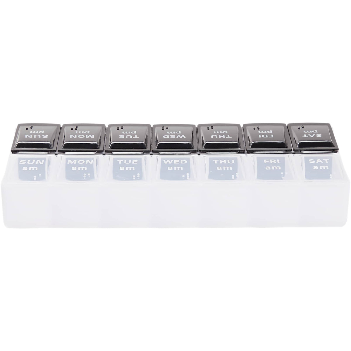 AM and PM Pill Case in Recycled Plastic, 14 Compartments - Black and Clear - Back