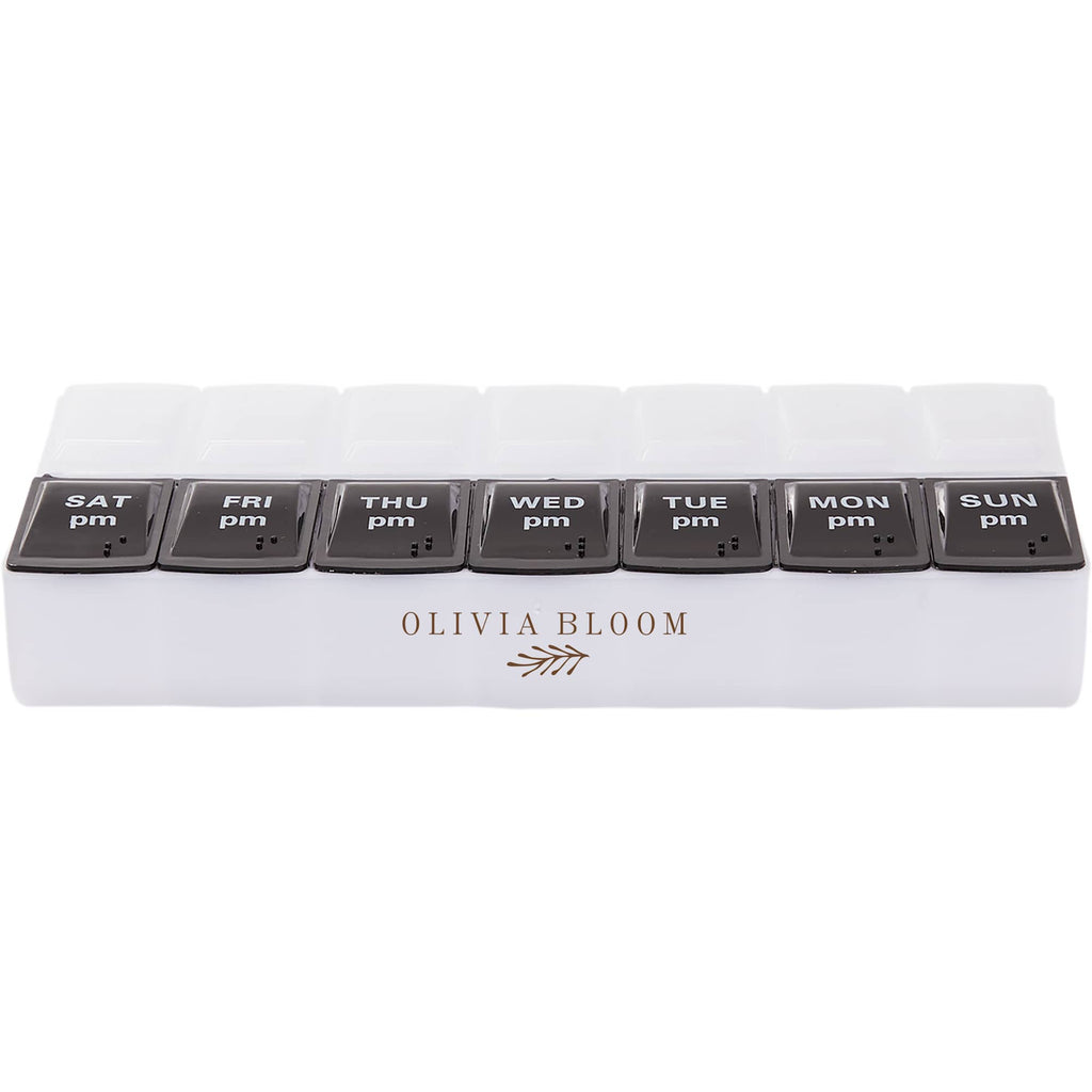 AM and PM Pill Case in Recycled Plastic, 14 Compartments - Black and Clear - Front