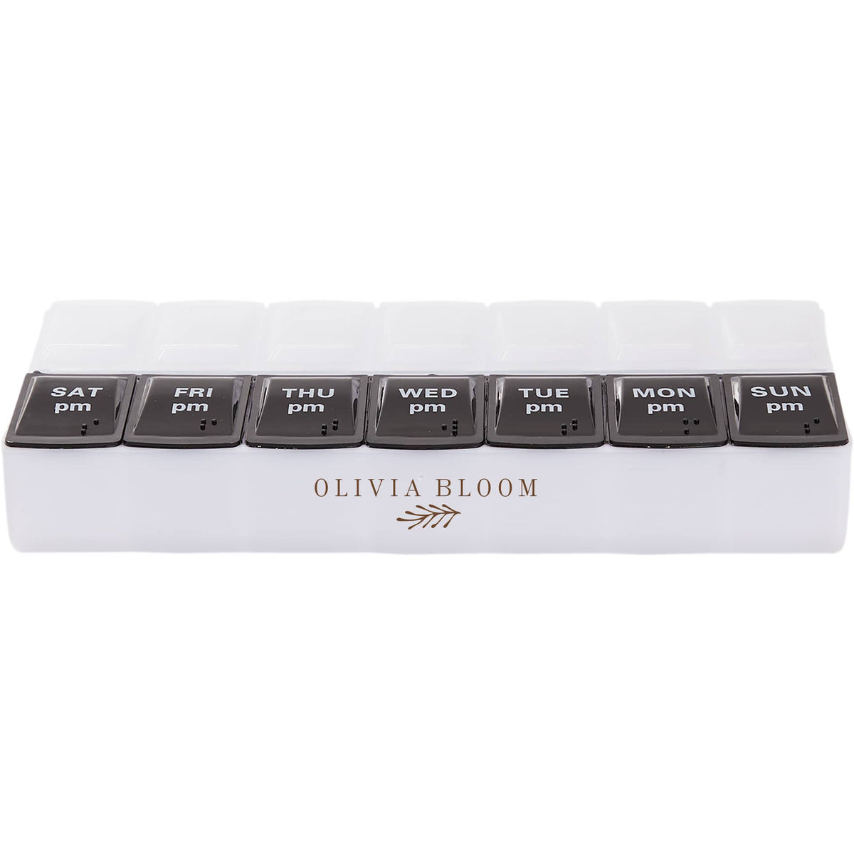 AM and PM Pill Case in Recycled Plastic, 14 Compartments - Black and Clear - Front