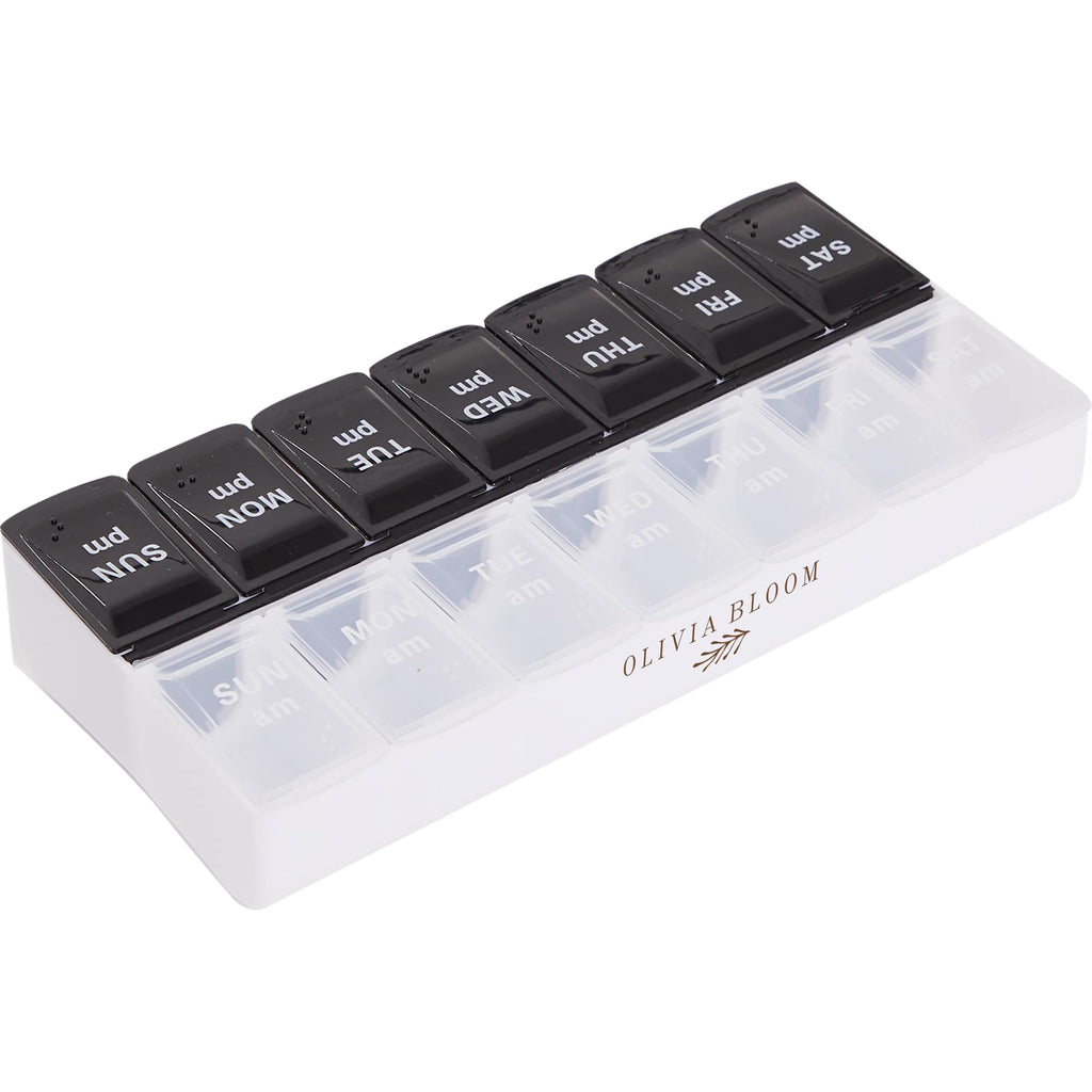 AM and PM Pill Case in Recycled Plastic, 14 Compartments - Black and Clear - Right Side 2