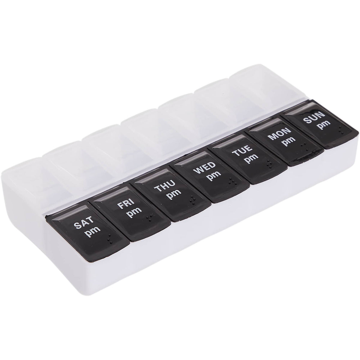 AM and PM Pill Case in Recycled Plastic, 14 Compartments - Black and Clear - Right Side 3