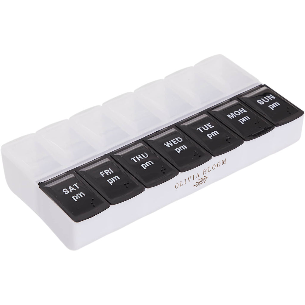 AM and PM Pill Case in Recycled Plastic, 14 Compartments - Black and Clear - Right Side