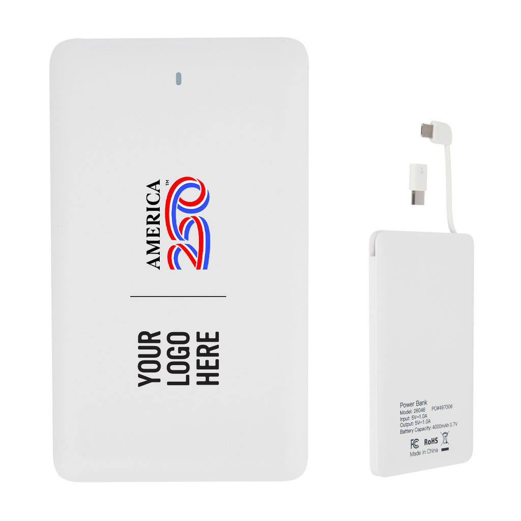America250 Slim Three-Way Power Bank, 4,000 mAh - America250™ Slim 4,000 mAh 3-In-1 Power Bank