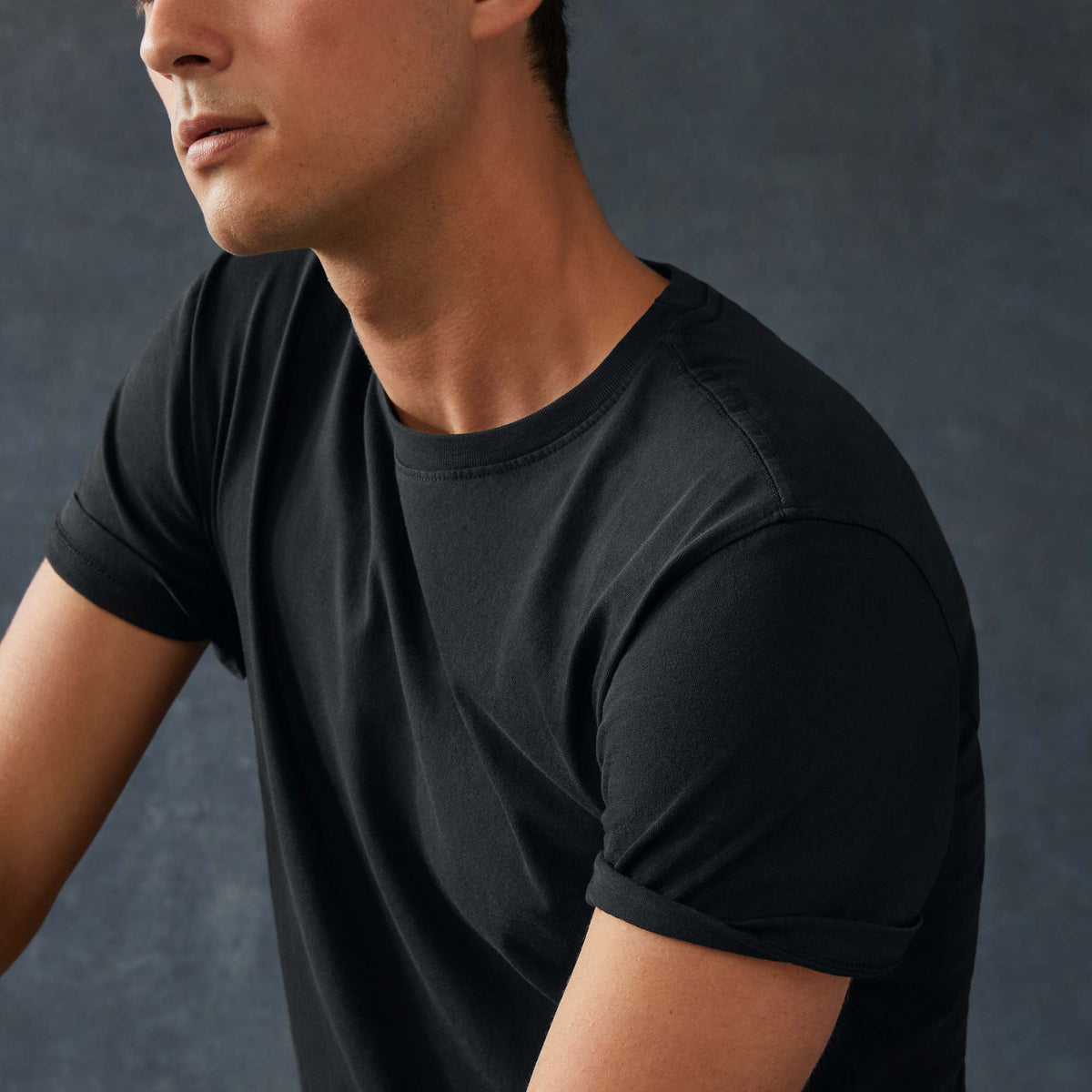 American Giant Classic Cotton Crew Tee for Men Embroidery - Black - Left Angle On Model