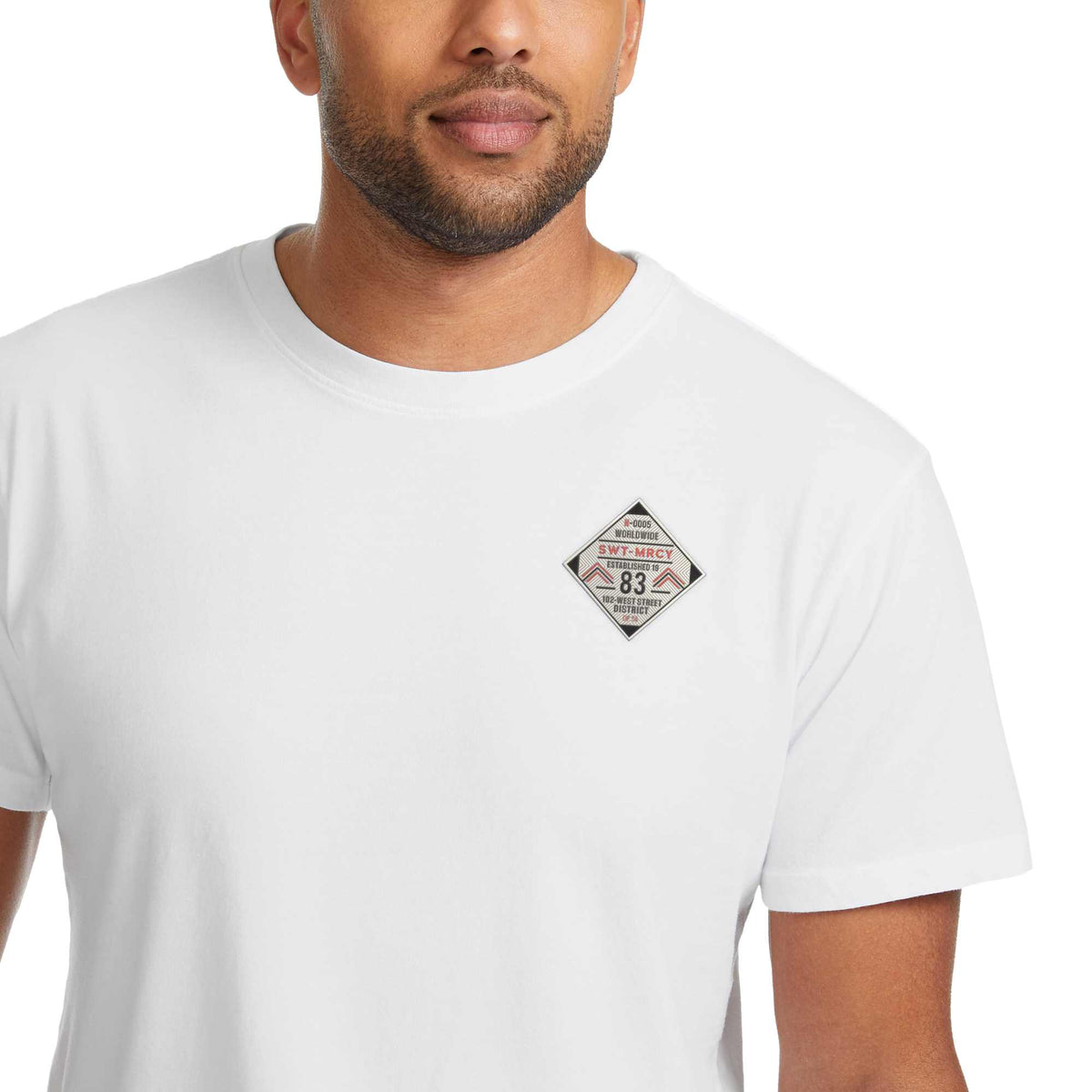 American Giant Classic Cotton Crew Tee for Men Embroidery - White - Left Angle On Model