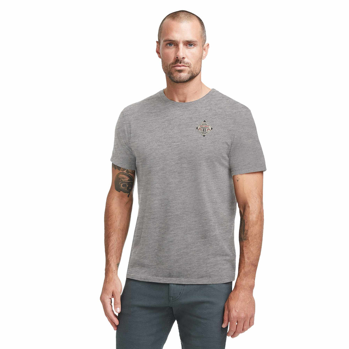 American Giant Classic Cotton Crew Tee for Men Transfer - Heather Grey - Front On Model