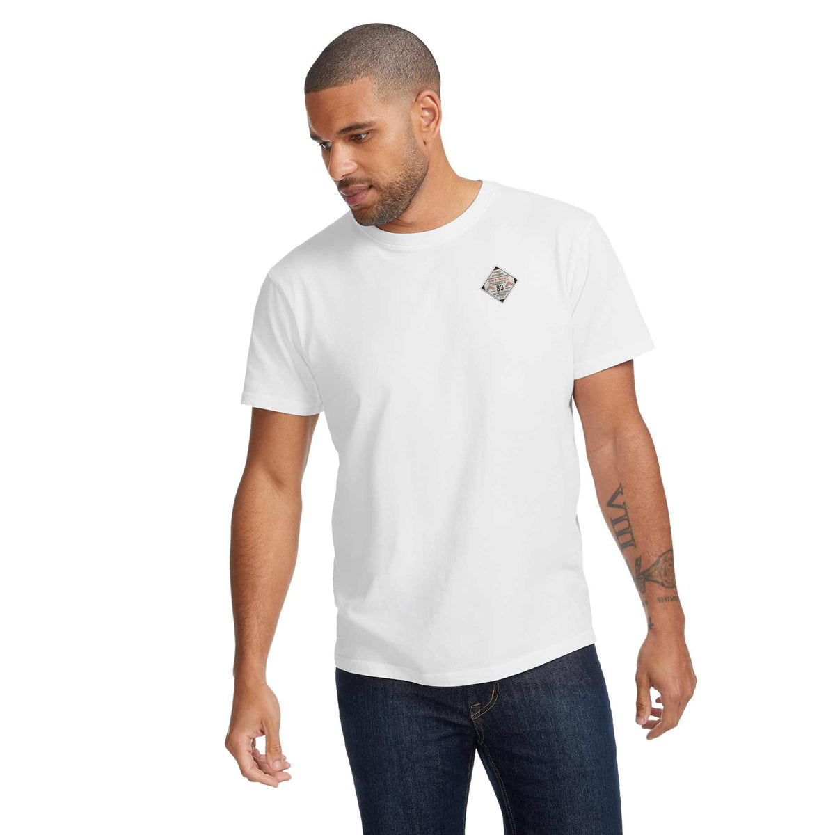 American Giant Classic Cotton Crew Tee for Men Transfer - White - Front On Model 2