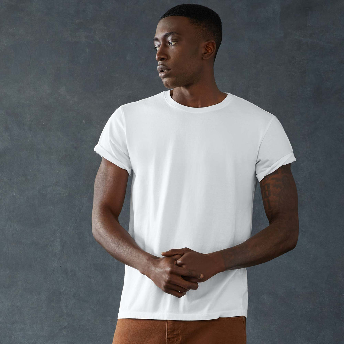 American Giant Classic Cotton Crew Tee for Men Transfer - White - Front On Model 3