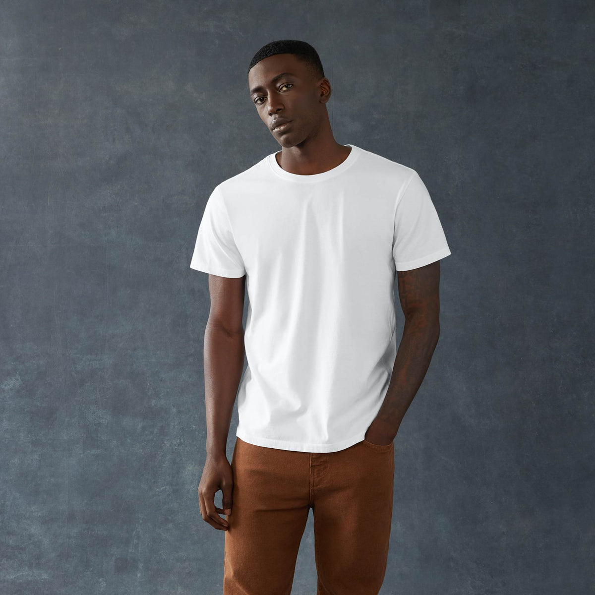 American Giant Classic Cotton Crew Tee for Men Transfer - White - Front On Model 4