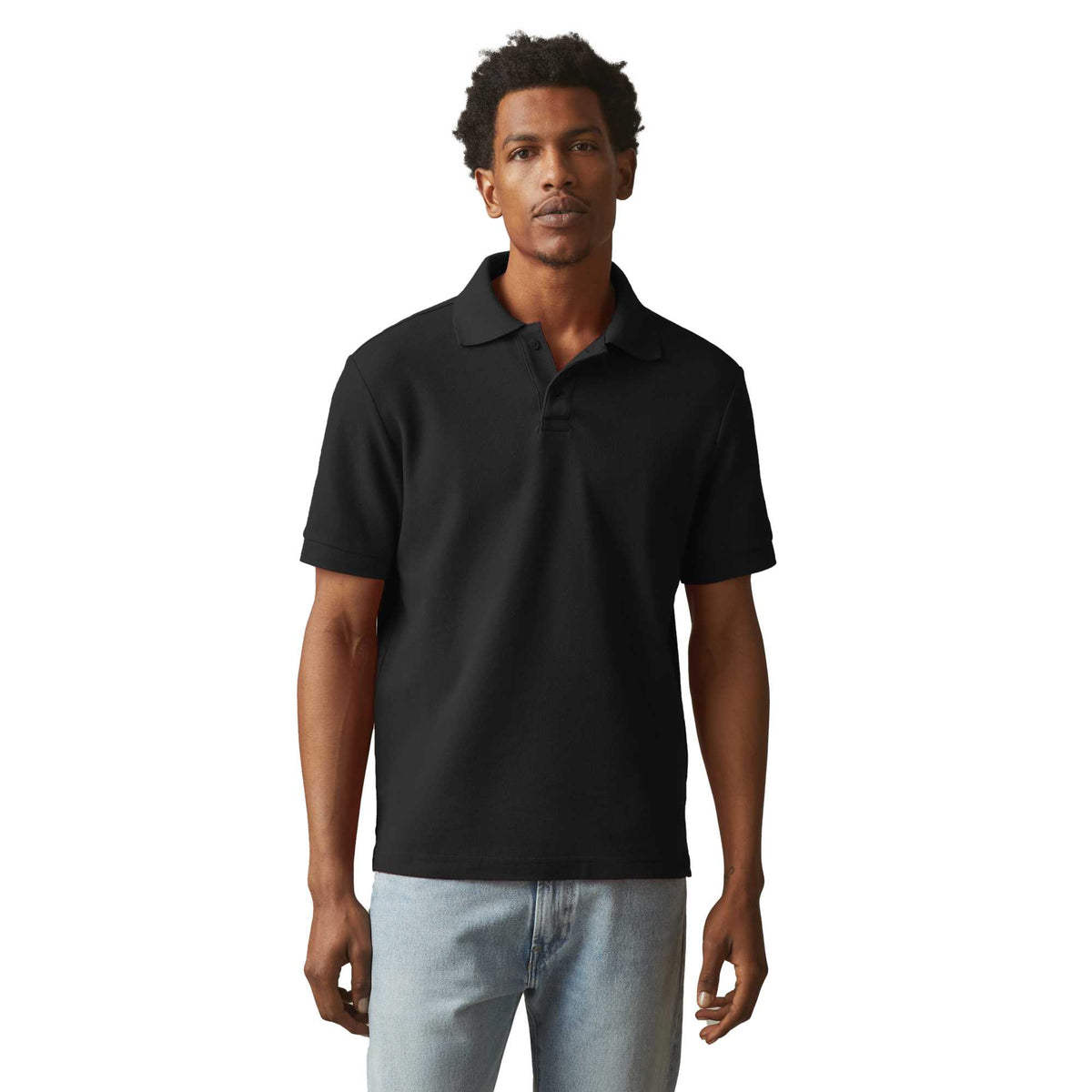 American Giant Classic Cotton Pique Polo for Men Embroidery - Black - On Model Front 2