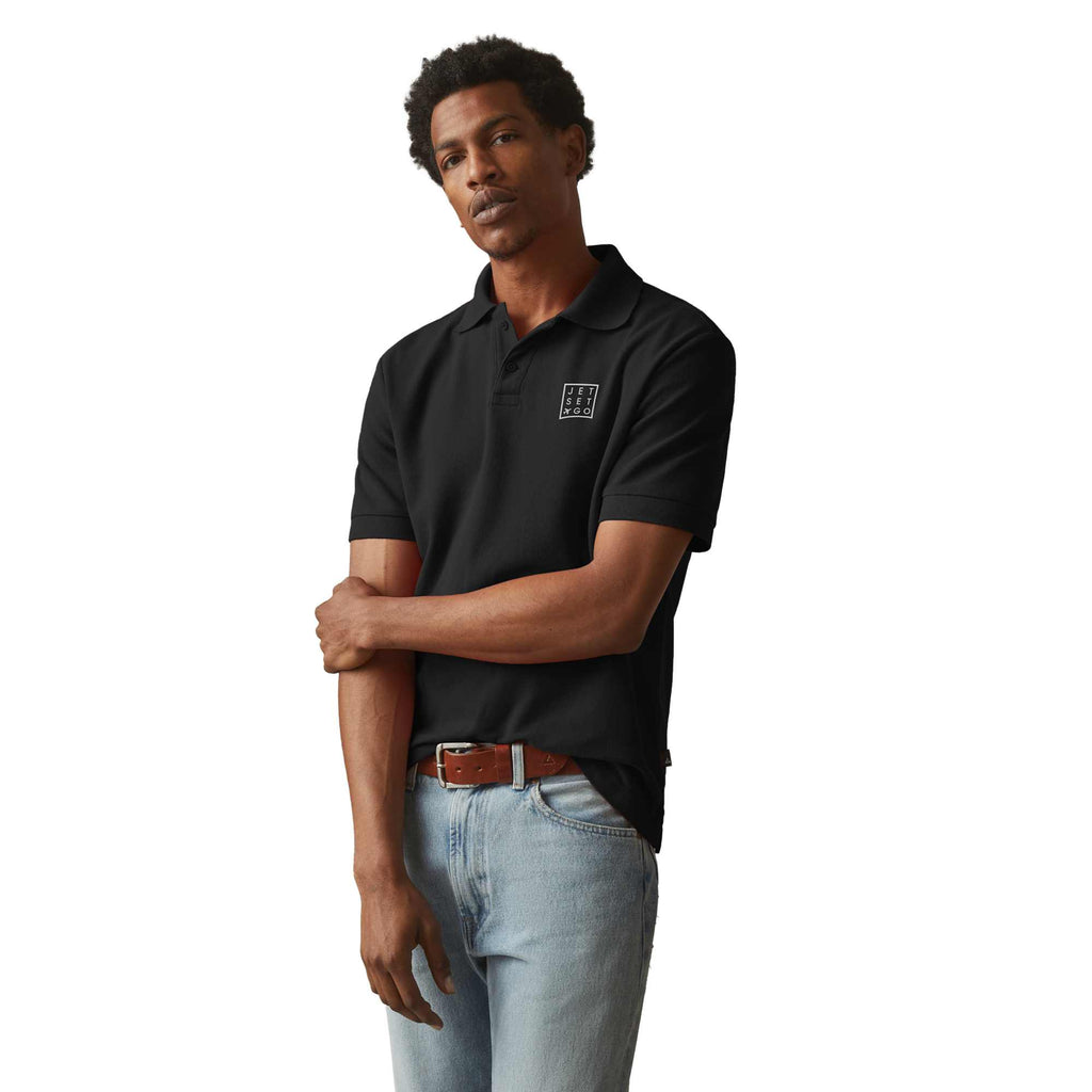 American Giant Classic Cotton Pique Polo for Men Embroidery - Black - On Model Left Angle
