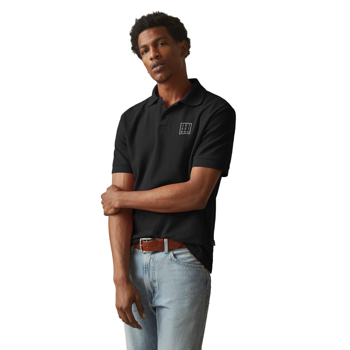 American Giant Classic Cotton Pique Polo for Men Embroidery - Black - On Model Left Angle