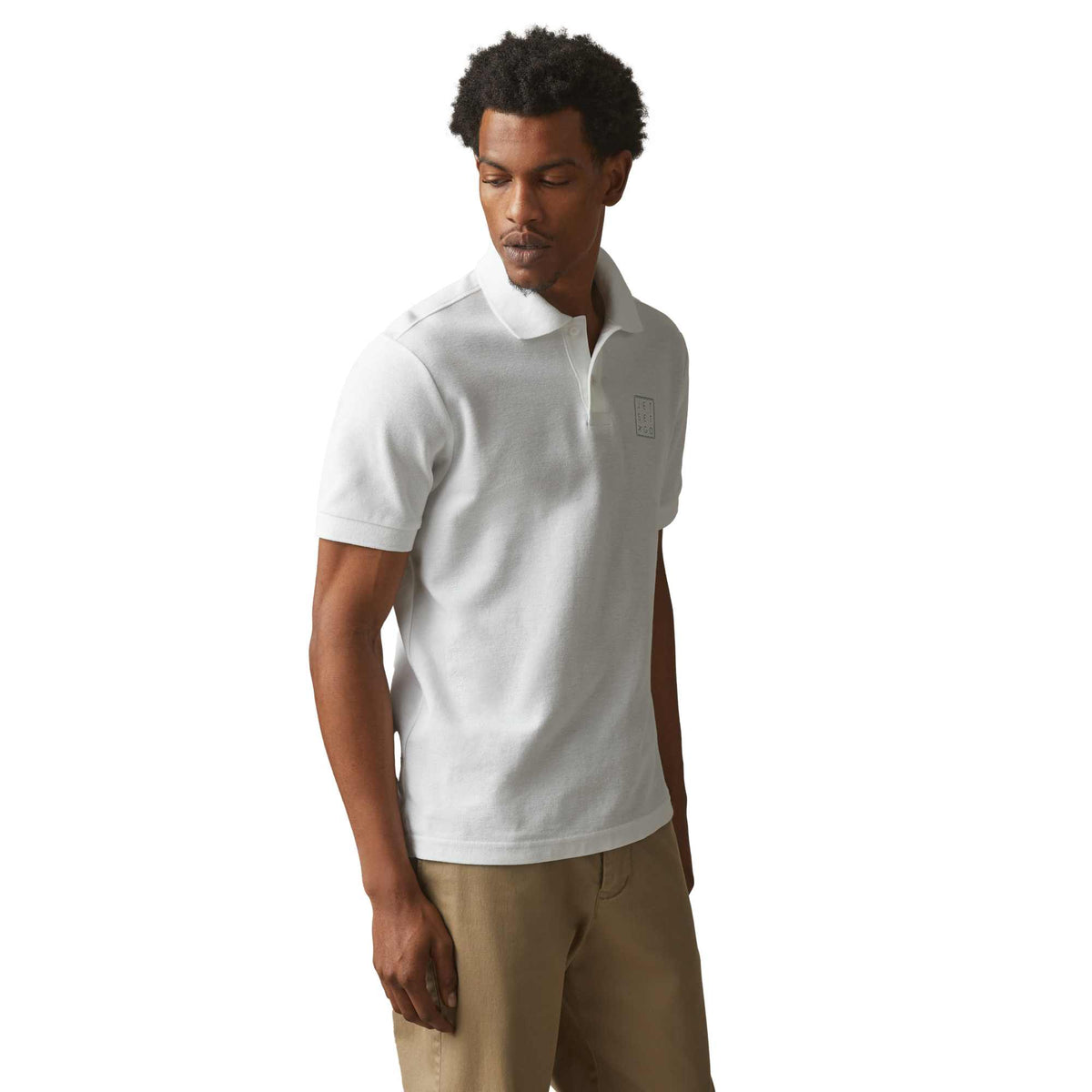American Giant Classic Cotton Pique Polo for Men Embroidery - White - On Model Right Angle