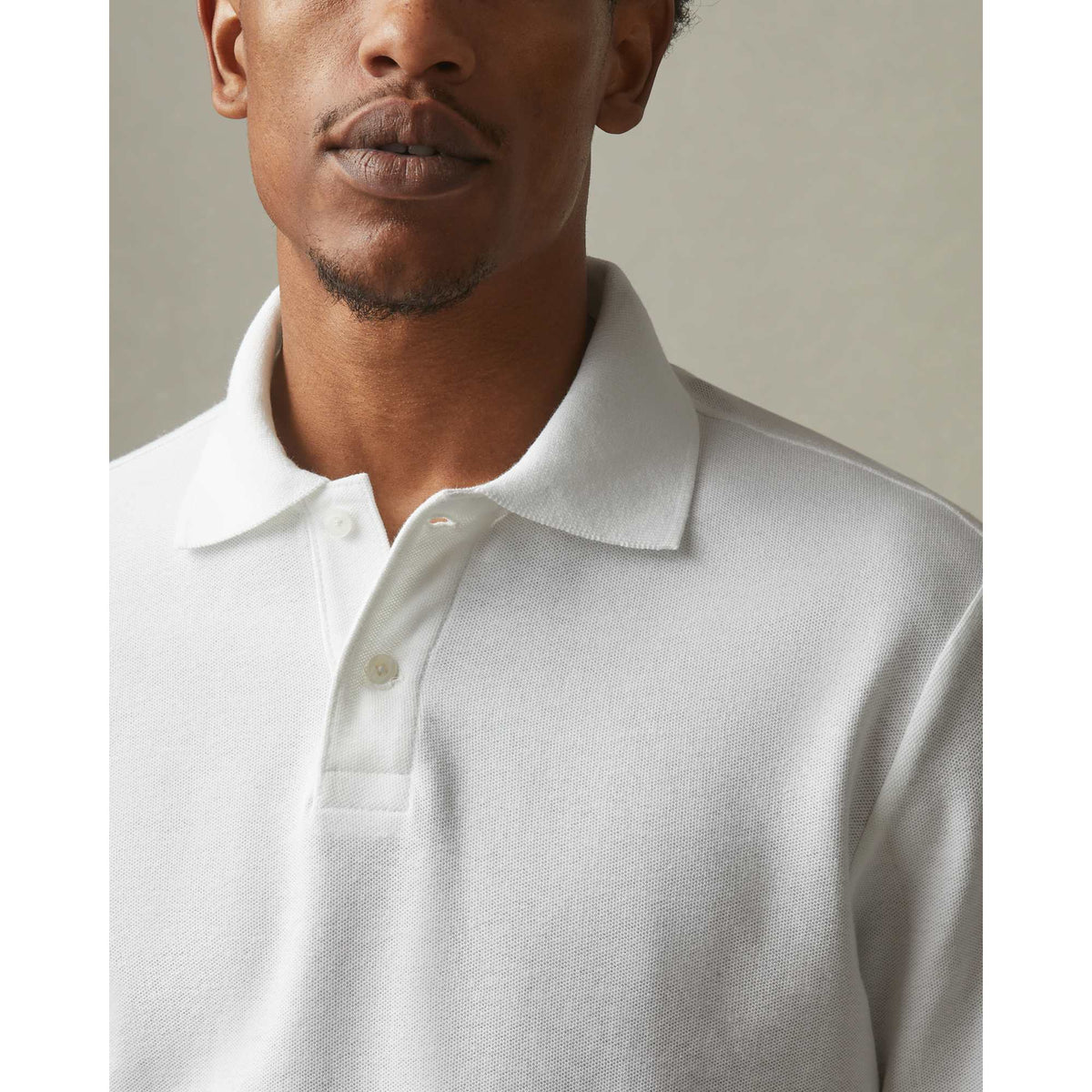 American Giant Classic Cotton Pique Polo for Men Transfer - White - On Model Detail 2