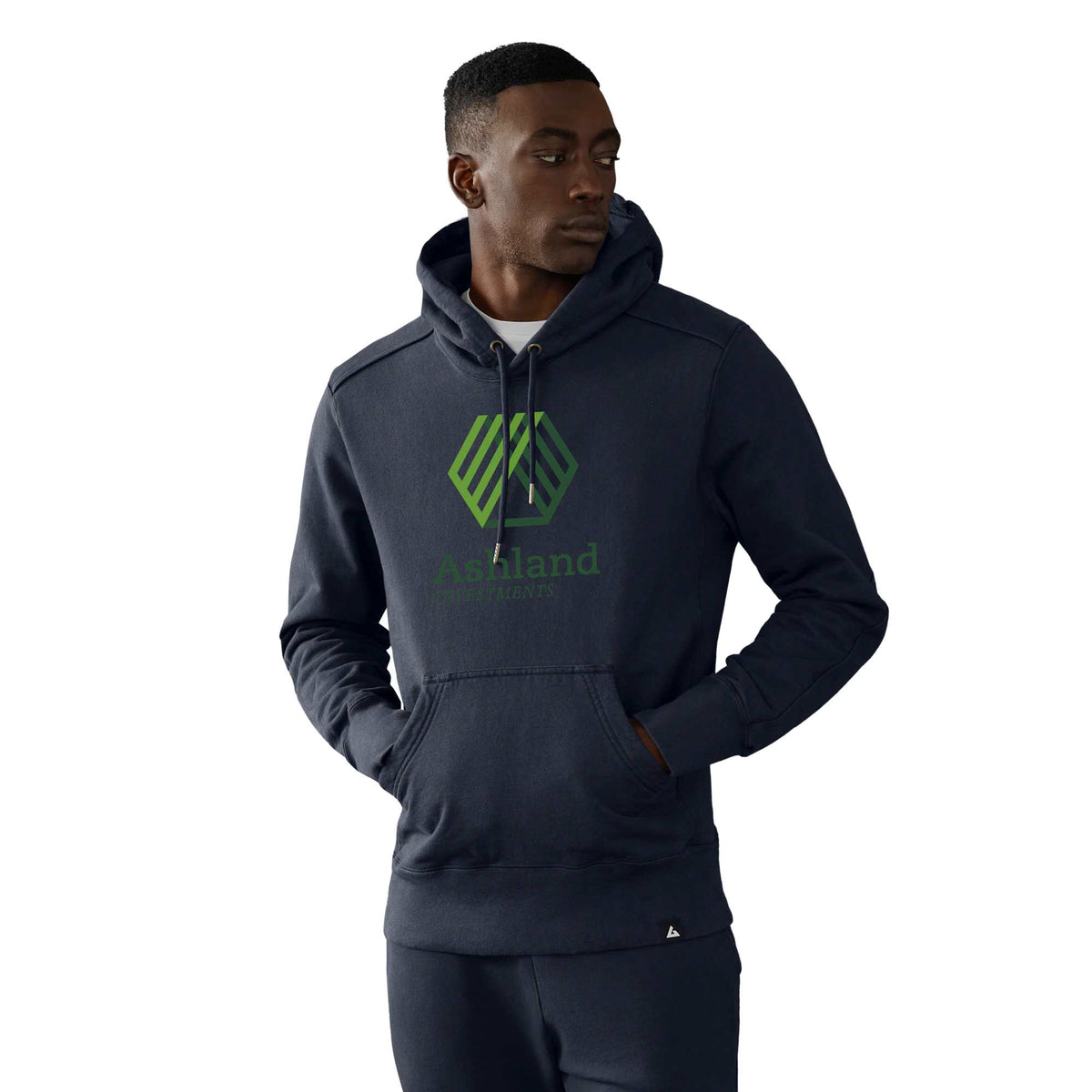 American Giant Classic Heavyweight Pullover Hoodie for Men Transfer - Polo Blue - Front On Model 4