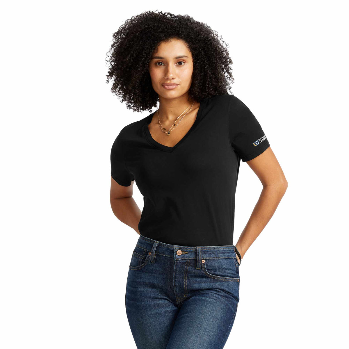 American Giant Classic V-Neck Tee in Supima Cotton for Women Transfer - Black - Front On Model 2