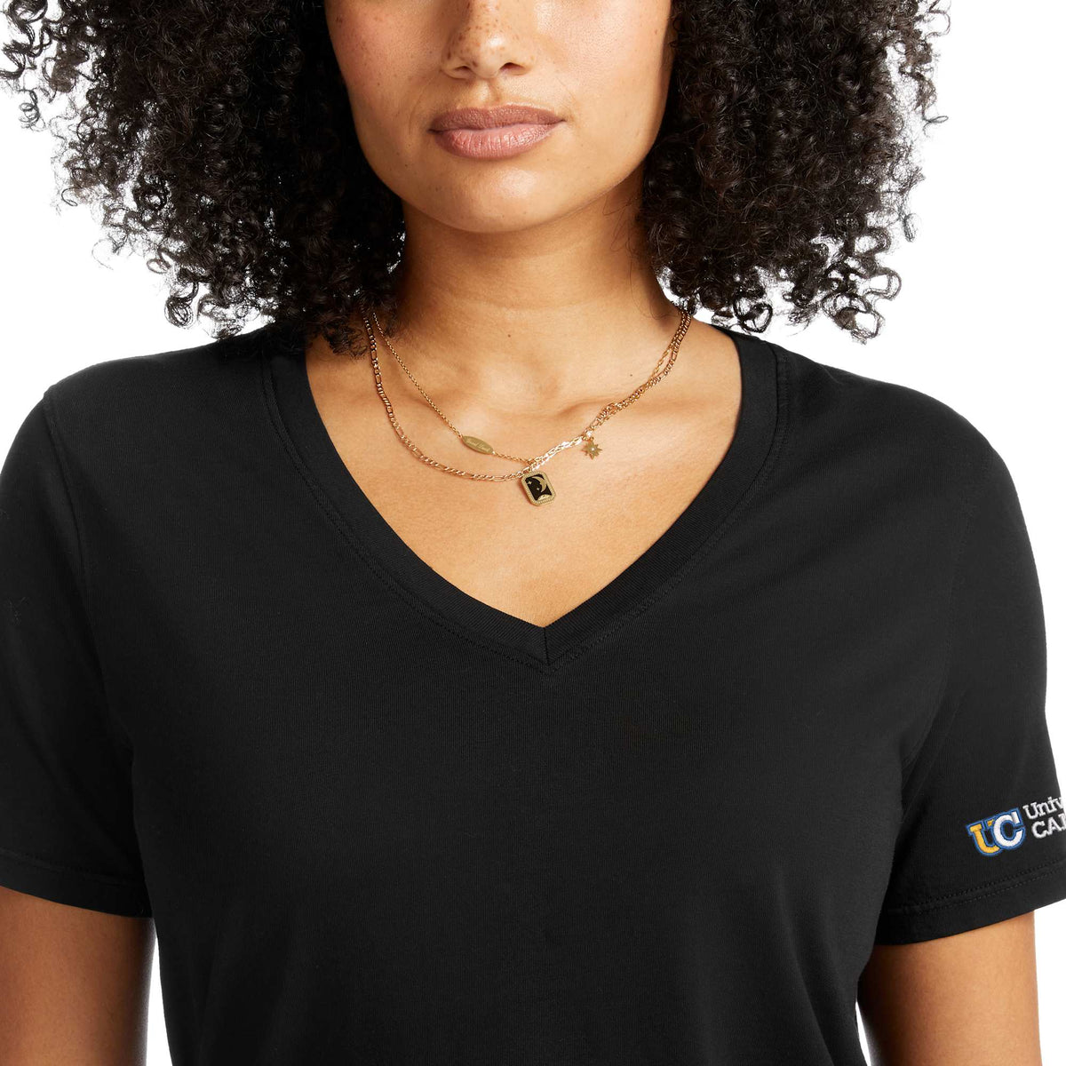 American Giant Classic V-Neck Tee in Supima Cotton for Women Transfer - Black - Front On Model 3