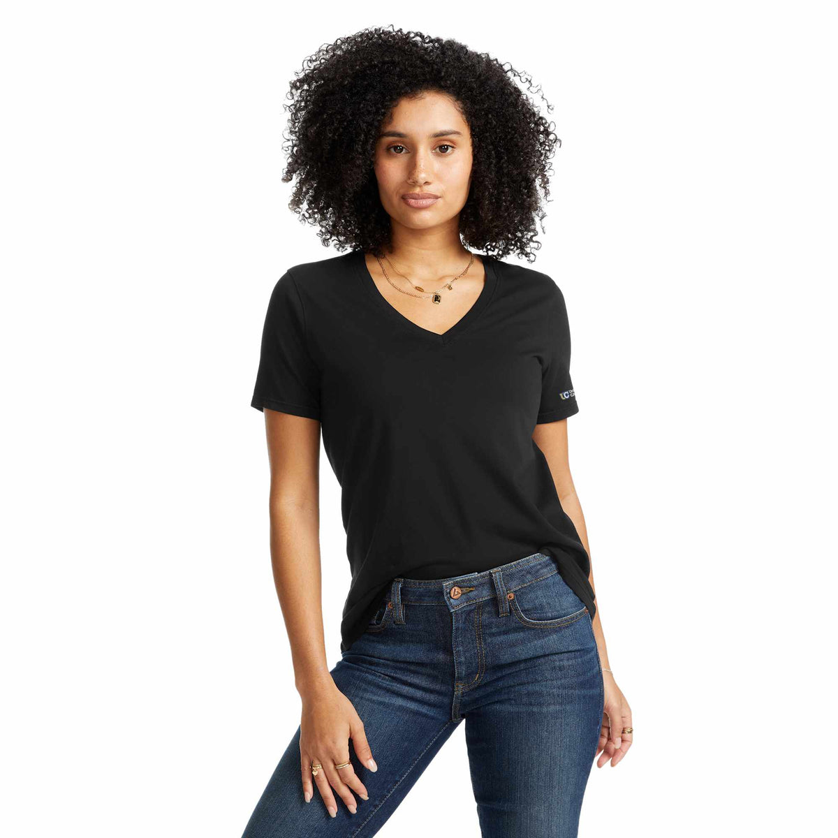 American Giant Classic V-Neck Tee in Supima Cotton for Women Transfer - Black - Front On Model 4