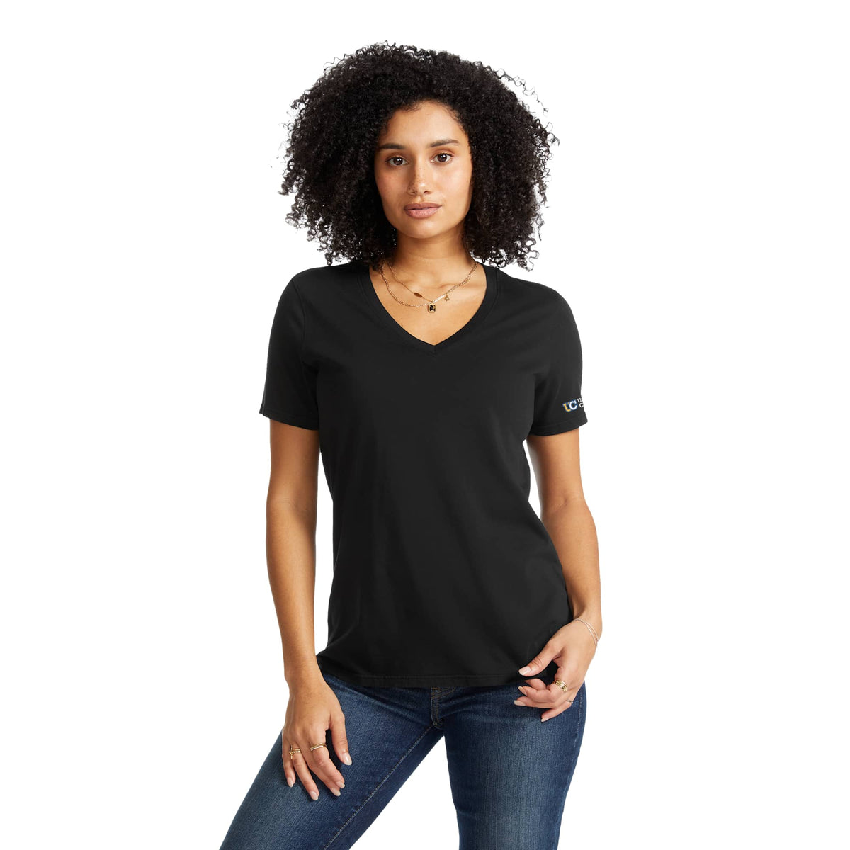 American Giant Classic V-Neck Tee in Supima Cotton for Women Transfer - Black - Front On Model