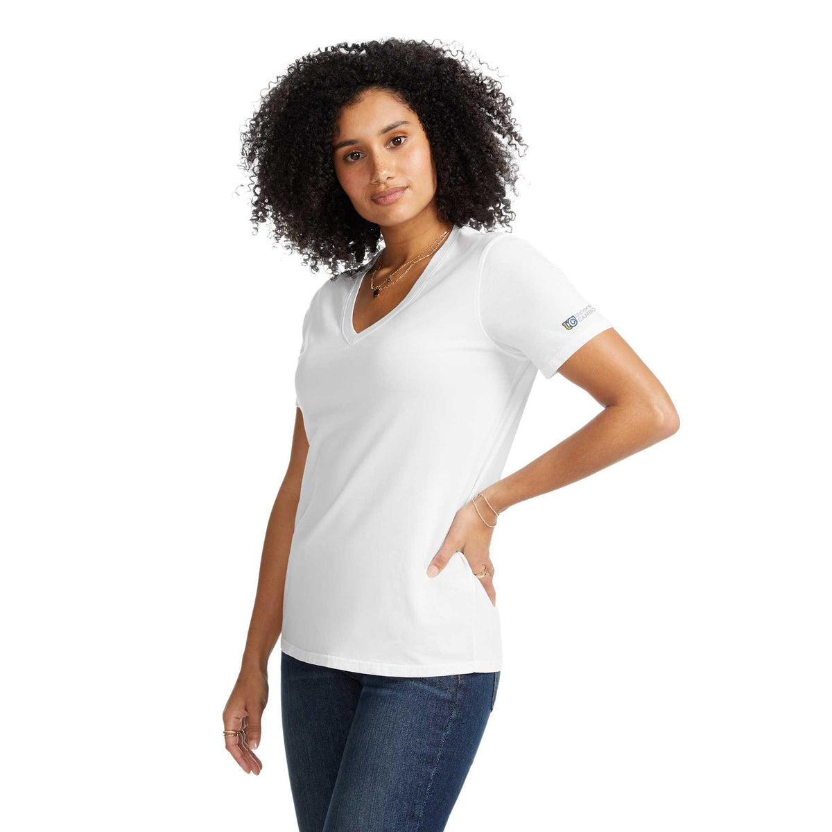 American Giant Classic V-Neck Tee in Supima Cotton for Women Transfer - White - Left Angle On Model