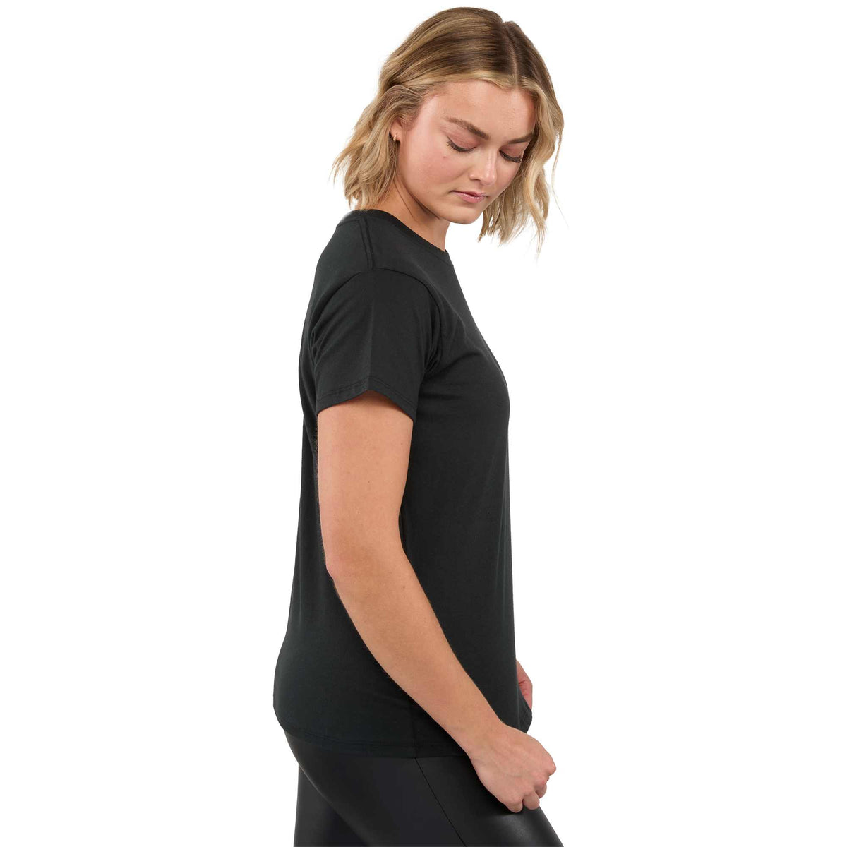 American Giant Crew Neck Tee Made in the USA for Women Transfer - Black - Right Side On Model