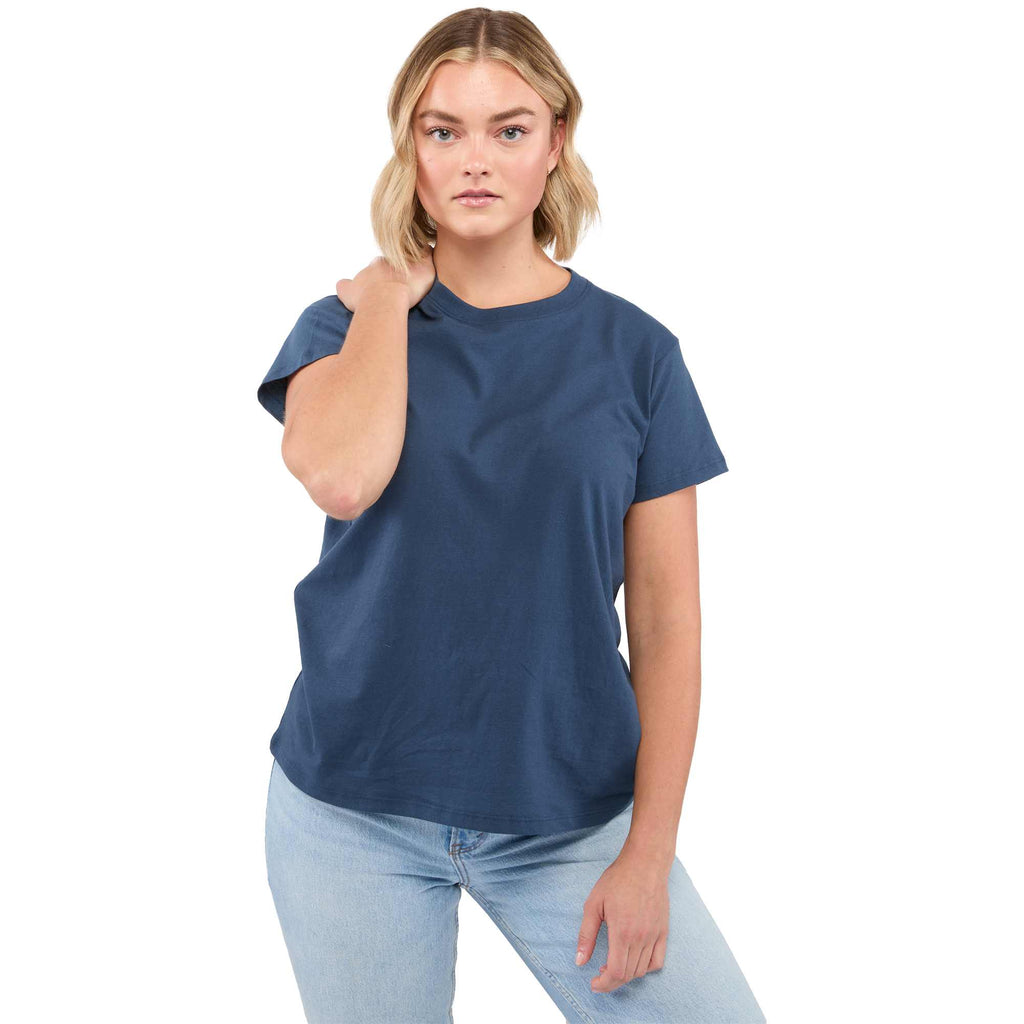 American Giant Crew Neck Tee Made in the USA for Women Transfer - Navy - Front On Model 2