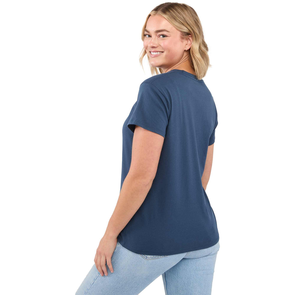 American Giant Crew Neck Tee Made in the USA for Women Transfer - Navy - Left Side On Model