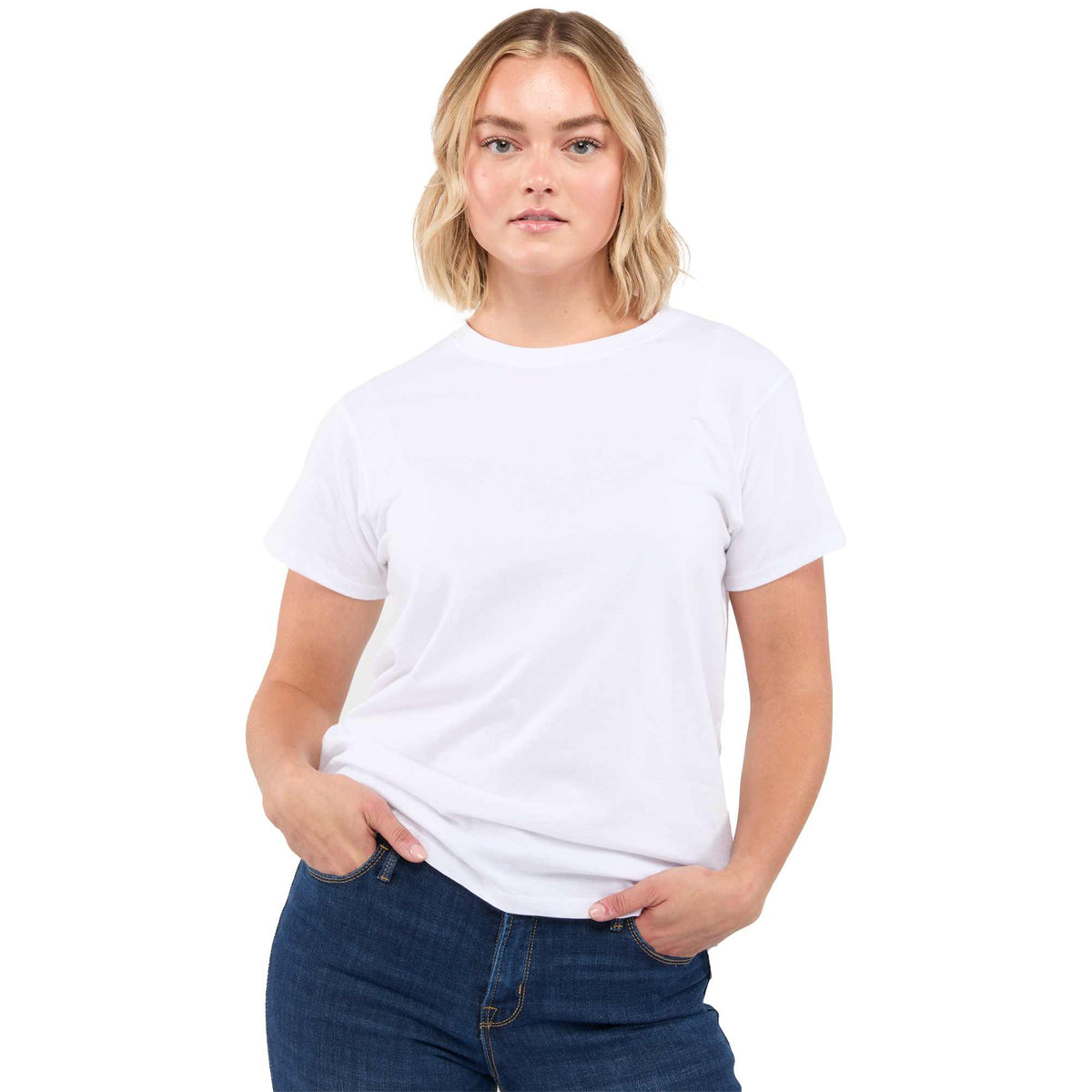 American Giant Crew Neck Tee Made in the USA for Women Transfer - White - Front On Model