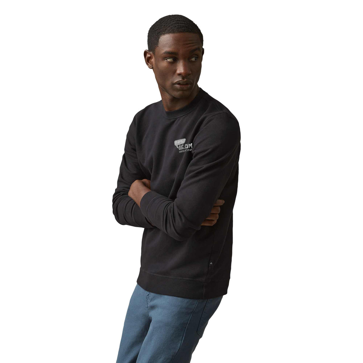 American Giant Everyday French Terry Crew Sweatshirt for Men Embroidery - Black - Left Side On Model