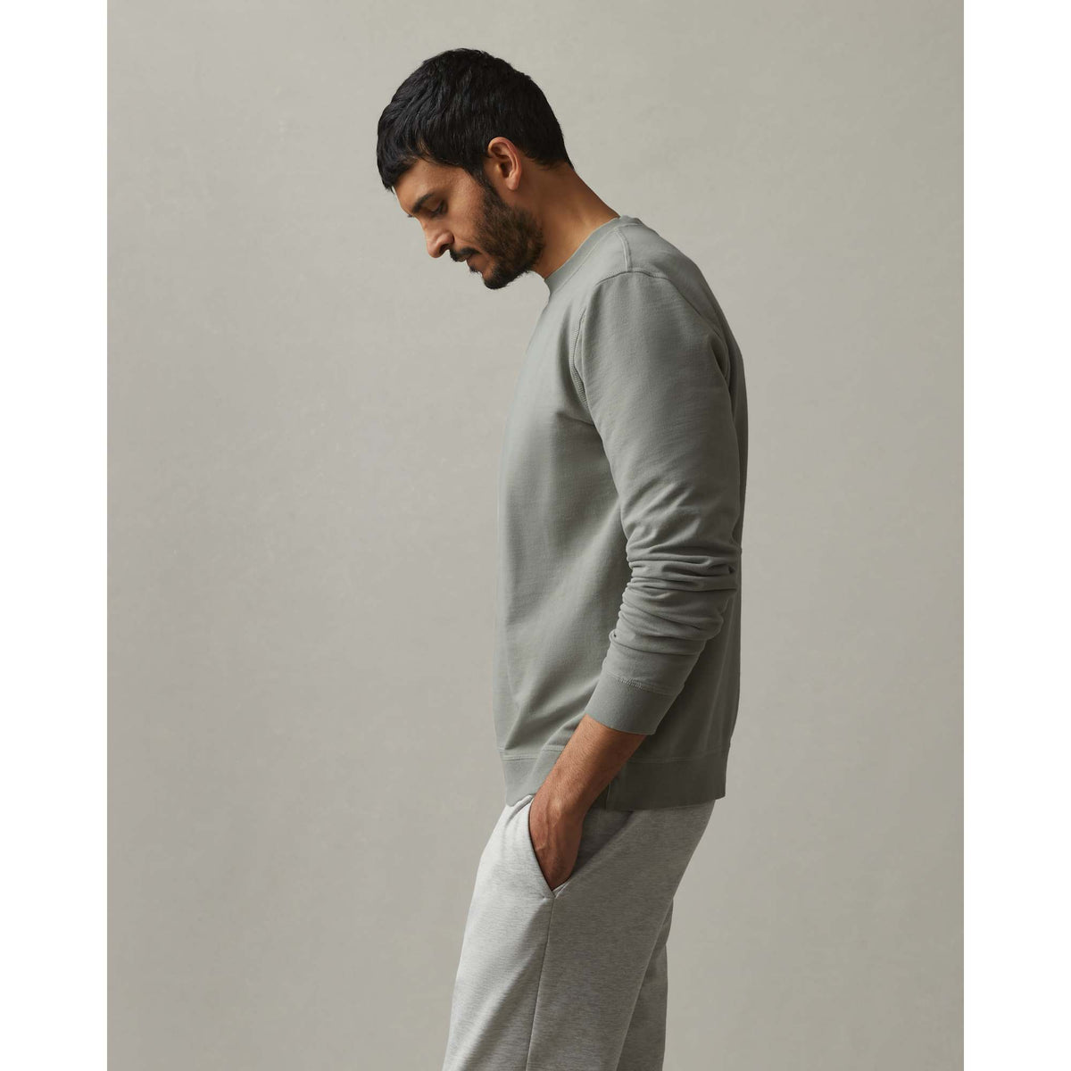 American Giant Everyday French Terry Crew Sweatshirt for Men Embroidery - Titanium - Left Side On Model