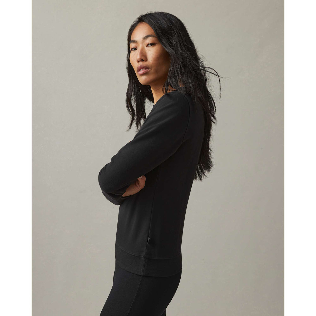 American Giant Everyday French Terry Crew Sweatshirt for Women Transfer - Black - Left Side On Model