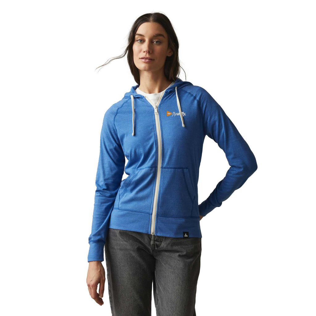 American Giant Lightweight Tri-Blend Full Zip for Women Embroidery - Essential Blue Heather - Front On Model