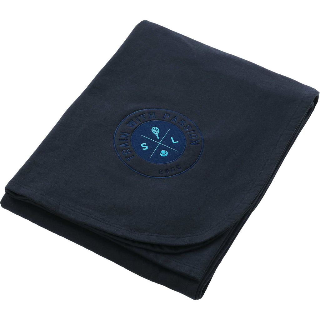 American Giant Stadium Fleece Blanket, Made in USA Embroidery - Oxford Blue - Left Angle