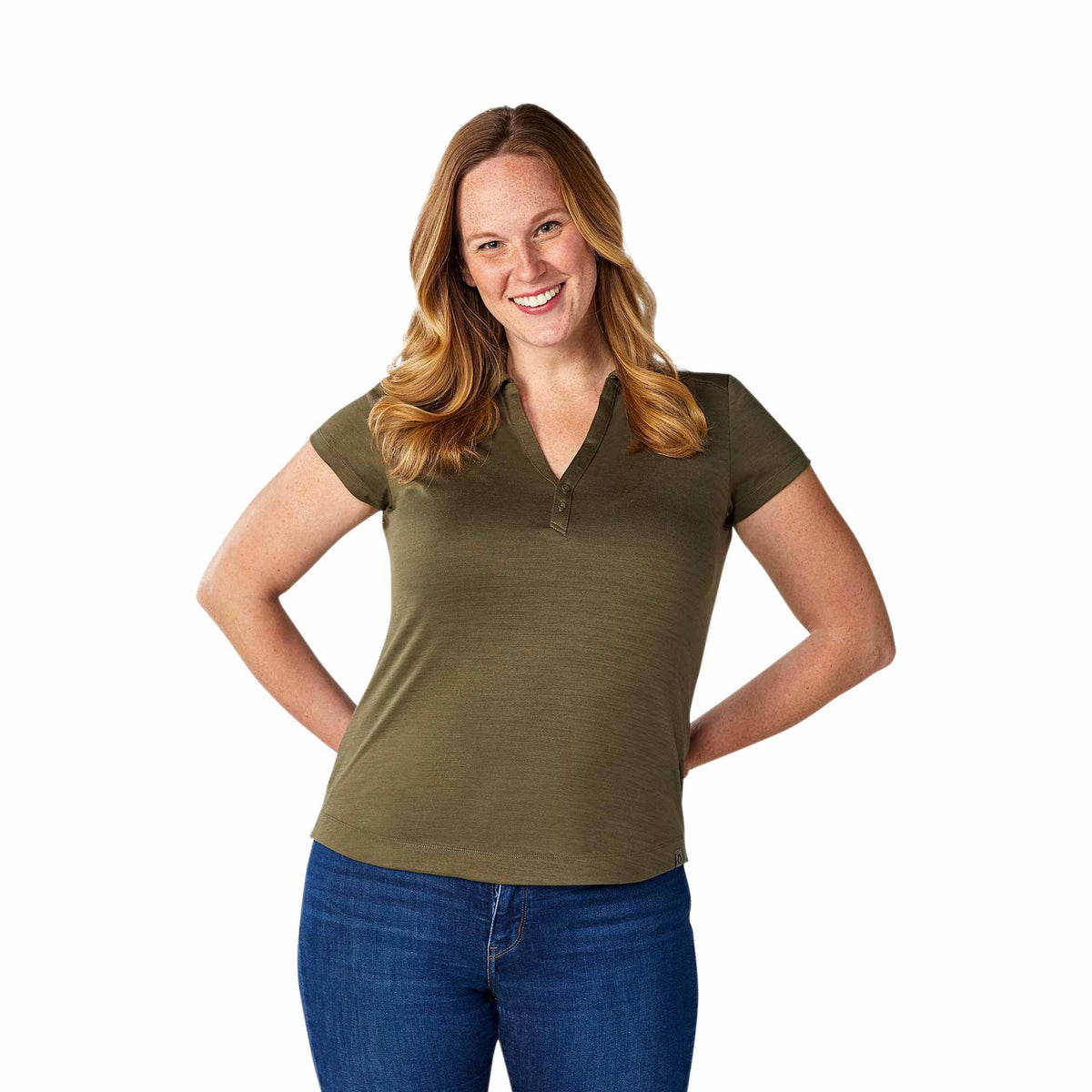 Amos Eco Polo with Recycled Polyester for Women Embroidery - Loden - Front On Model