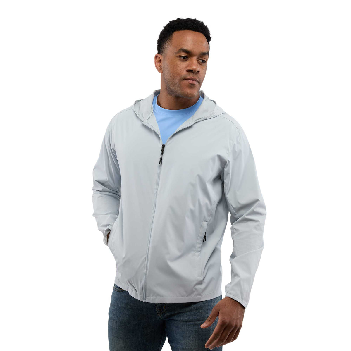 Aneto Lightweight Recycled Packable Jacket for Men Embroidery - Light Grey - Front On Model