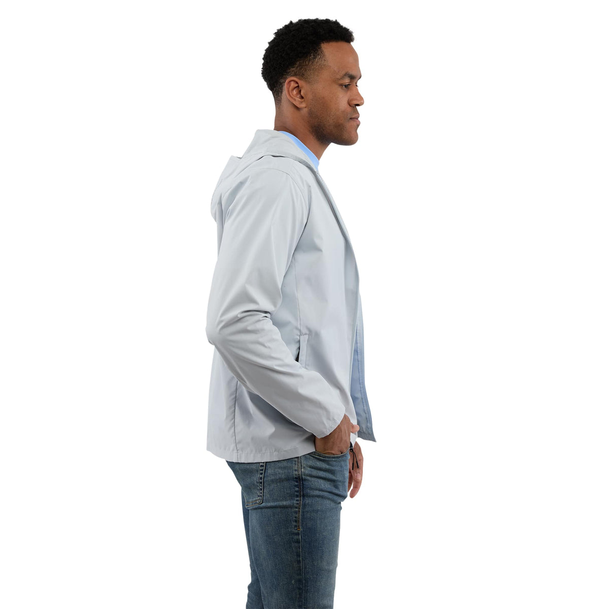 Aneto Lightweight Recycled Packable Jacket for Men Transfer - Light Grey - Right Side On Model