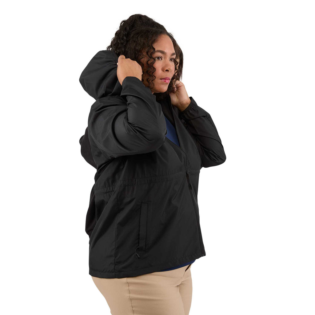 Aneto Lightweight Recycled Packable Jacket for Women Embroidery - Black - Right Side On Model