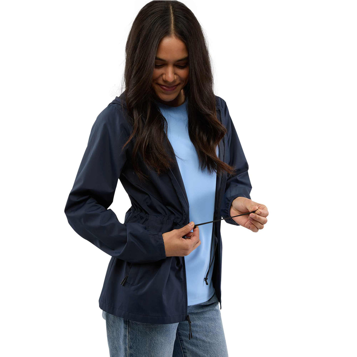 Aneto Lightweight Recycled Packable Jacket for Women Embroidery - Polo Blue - Front On Model
