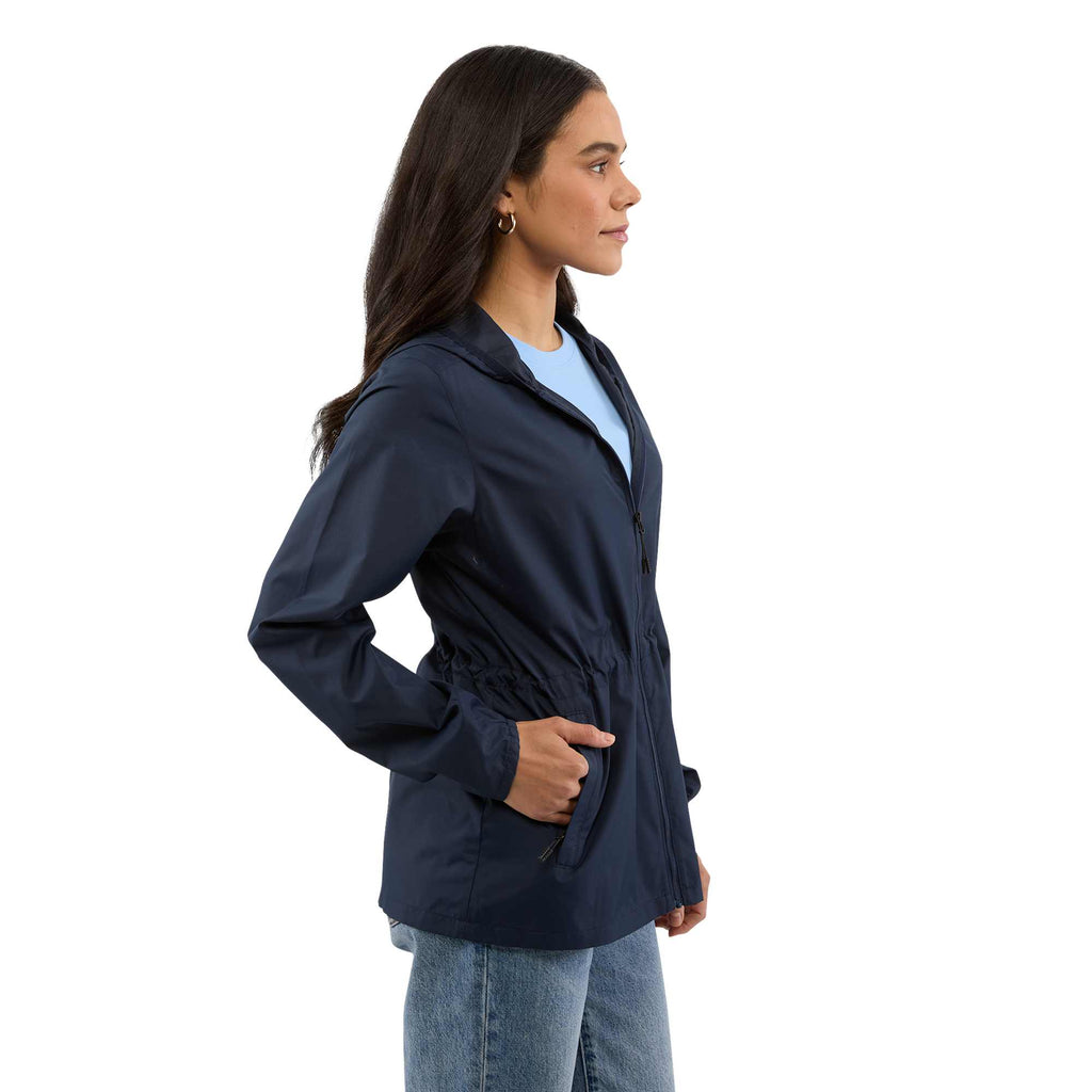 Aneto Lightweight Recycled Packable Jacket for Women Embroidery - Polo Blue - Right Side On Model