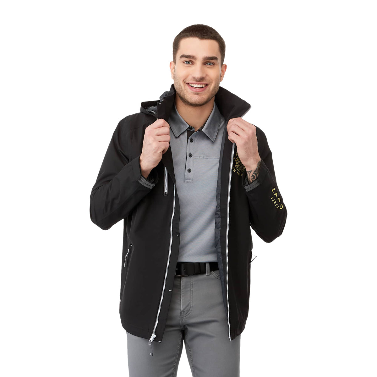 Ansel Waterproof Rain Jacket with Snap-Off Hood for Men Transfer - Black - Front On Model