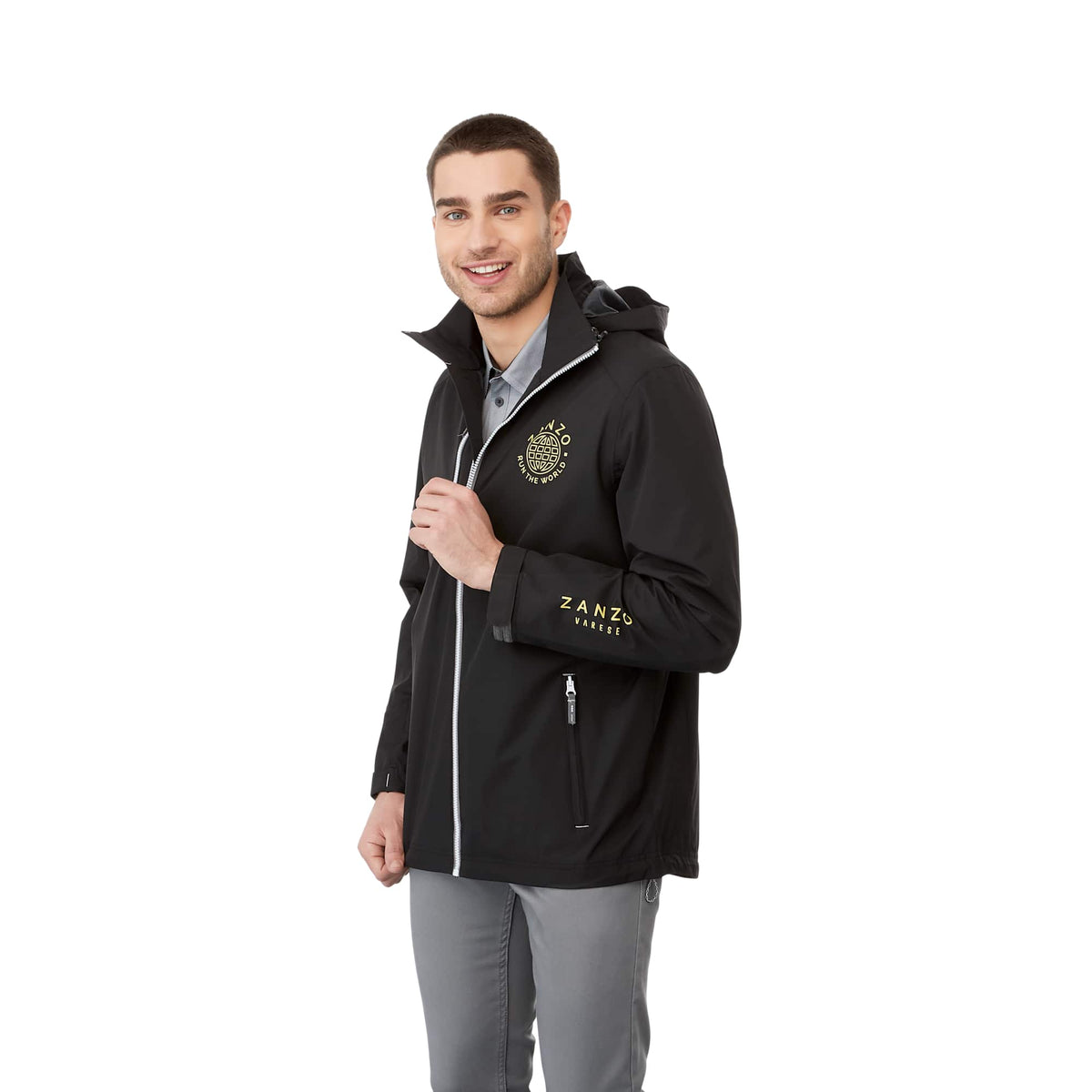Ansel Waterproof Rain Jacket with Snap-Off Hood for Men Transfer - Black - On Model