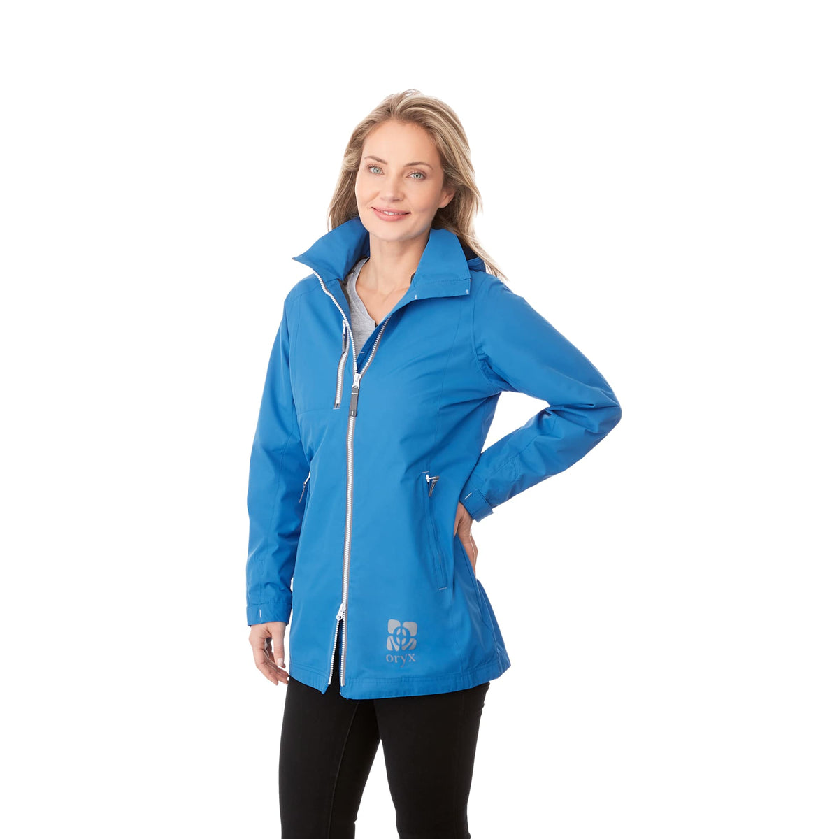 Ansel Waterproof Rain Jacket with Snap-Off Hood for Women Transfer - Olympic Blue - On Model