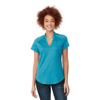 Antero Cap Sleeve Polo for Women Embroidery - Aspen Blue Heather - Front On Model